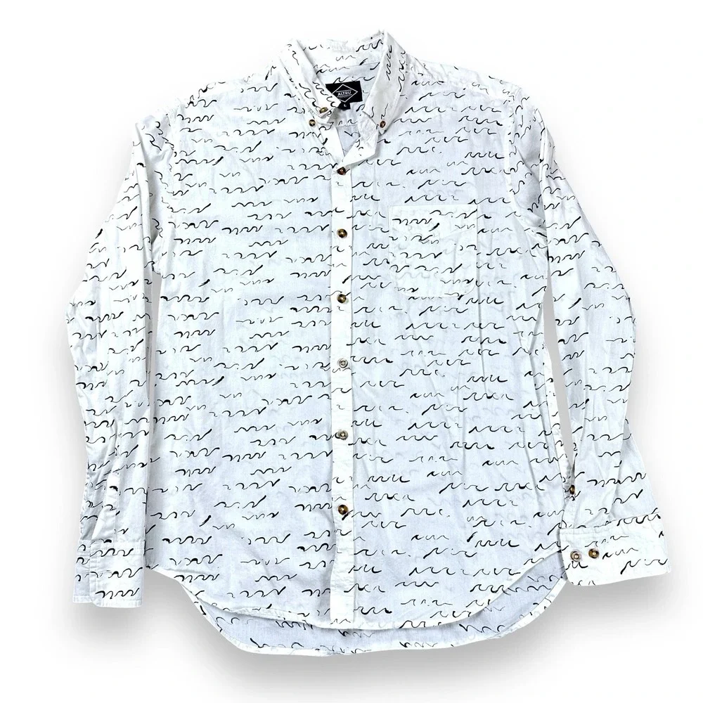 Altru Men's Dress Shirt‎ Large White Black Waves Long Sleeve Button Down